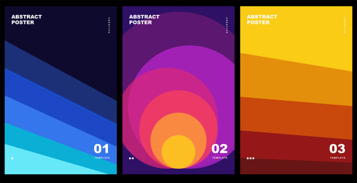 Set of abstract posters with vibrant geometric shapes and colorful gradient backgrounds for modern design templates. Vector illustration.