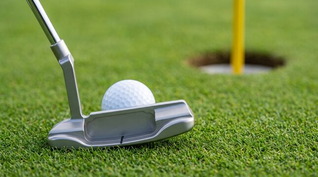 Golf Putter Addressing Ball on Green Near Cup with Flag