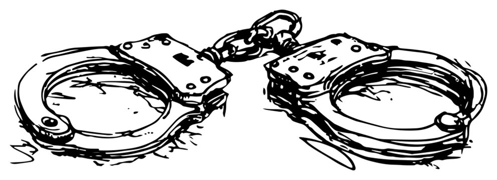 Police metal handcuffs used for law enforcement hand drawn ink sketch style