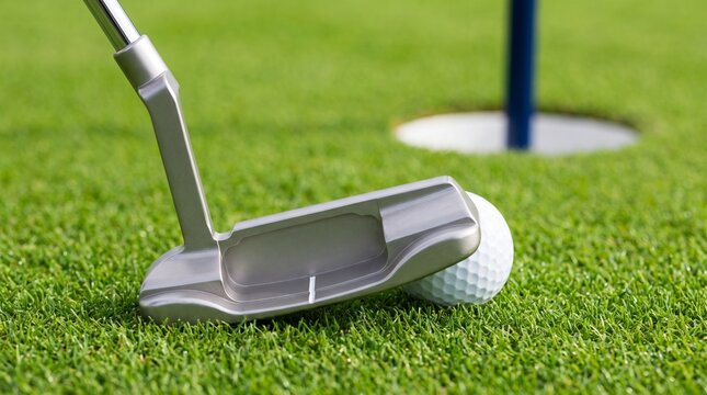 Golf Putter Addressing Ball on Green Toward Hole
