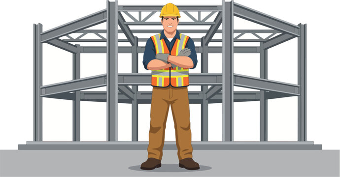 A confident steel construction worker stands proudly in front of a building's structural steel framework