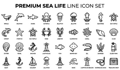 Sea Life Line Icon Set Editable Stroke Marine Animals Ocean Outline Vector Collection © MdAsif