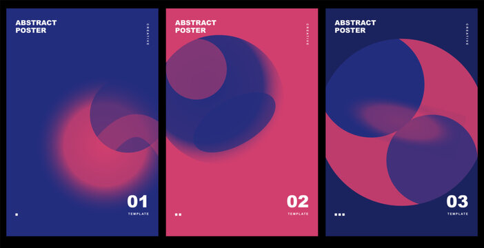 Set of three abstract posters with fluid shapes, gradients, and vibrant blue and pink colors in a modern style. Vector illustration.