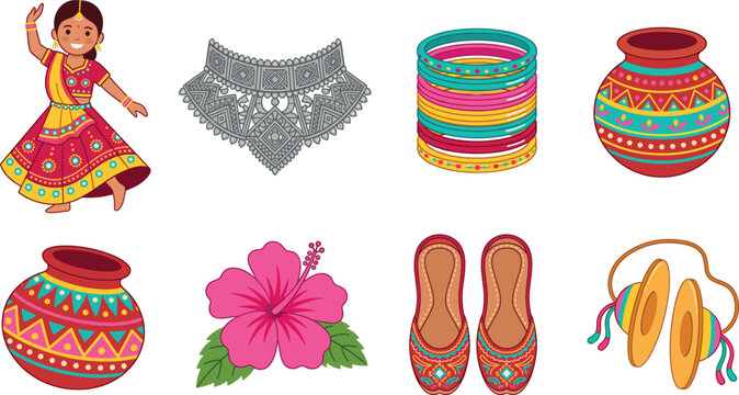 Indian culture traditional elements vector set featuring dancing girl necklace colorful bangles pottery jutti shoes hibiscus cymbals