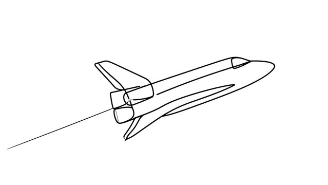 Minimalist line art rocket ship white background.