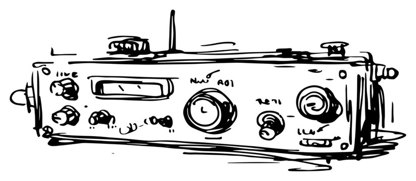 Vintage military radio transceiver communication equipment in expressive hand drawn ink sketch style