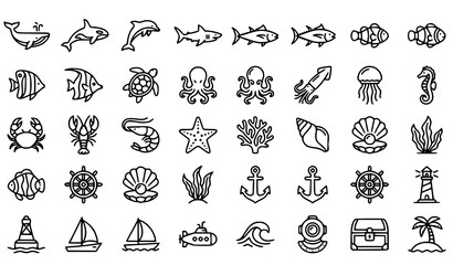 Ocean Sea Life Linear Icon Pack Nautical Animal Outline Symbol Set Vector © MdAsif