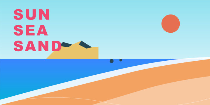 Minimalist summer beach landscape illustration with sun, sea, and sand, flat vector art design. Vector illustration.