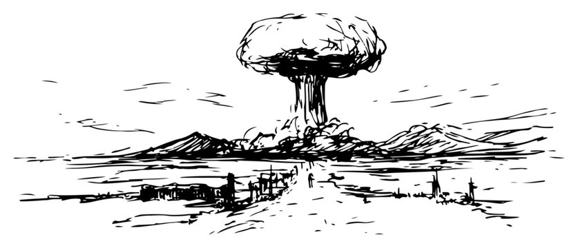 Nuclear mushroom cloud explosion rising over flat landscape in hand drawn sketch style