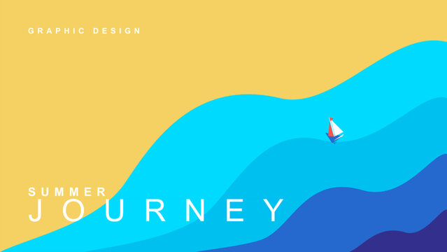 Summer journey graphic design with abstract wavy ocean waves and a small sailboat, vector illustration. Vector illustration.