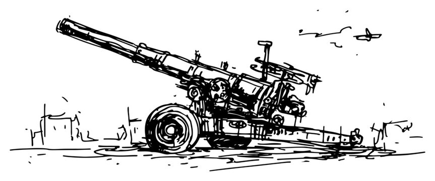 Military howitzer artillery cannon gun on battlefield in hand drawn sketch style
