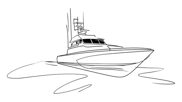 Fishing boat line drawing on white background.