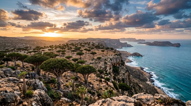Surreal Sanctuary: Iconic Dragon Blood Trees Gracing the Rugged Limestone Cliffs of Socotra Archipelago at Golden Sunset