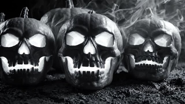 Spooky Monochrome Halloween Composition with Carved Pumpkin Skulls and Smoke - A monochrome composition for Halloween features three carved pumpkins designed to resemble skulls, illuminated from