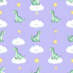 Fototapeta premium Cute dinosaurs sitting on soft white fluffy smiling clouds seamless pattern