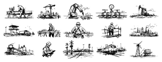 Heavy industry infrastructure and energy production set in hand drawn sketch style © AdrianGebert