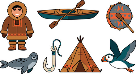 Inuit indigenous culture vector elements set with eskimo person kayak boat drum seal teepee tent puffin bird © Lunavera art