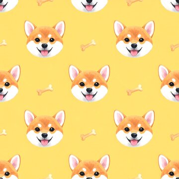 Cute dog breed faces doodle background with corgis
