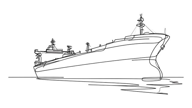 Large cargo ship line drawing white background.