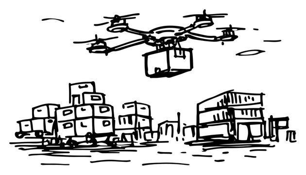 Delivery drone carrying package over stacked shipping cargo containers hand drawn sketch style