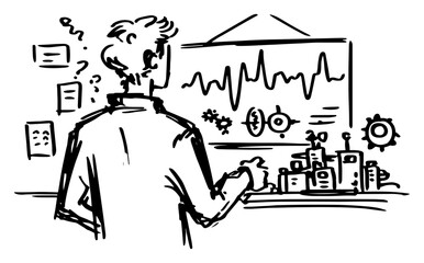 Naklejka premium Engineer analyzing technical diagram and miniature machine prototypes in loose hand drawn ink sketch style