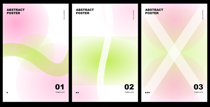Set of abstract posters with soft gradient shapes and fluid forms in pink and light green colors, minimalist design templates for modern branding and creative projects. Vector illustration.