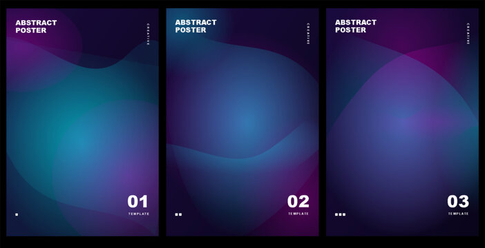 Set of abstract posters with soft gradient shapes and fluid forms in deep blue and teal colors, minimalist design templates for modern branding and creative projects. Vector illustration.