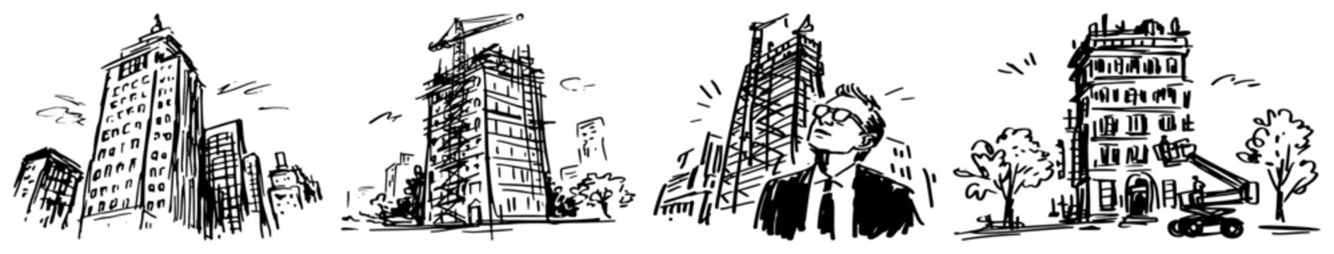 Skyscrapers and modern city architecture with man looking up in hand drawn sketch style