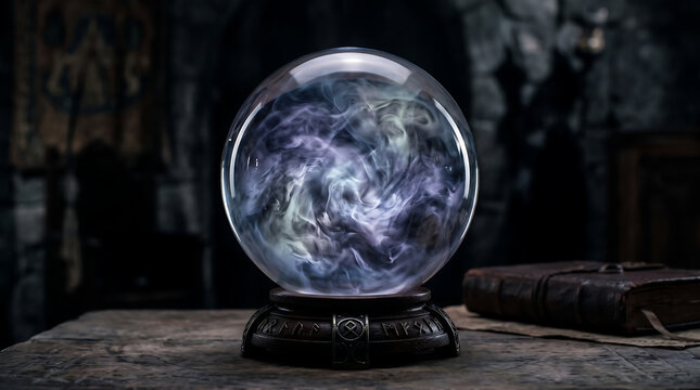 Mystical crystal ball glowing with swirling smoke on wooden table in dark room.