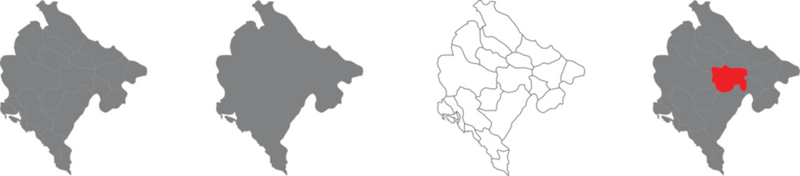 Set of montenegro map silhouettes and administrative district outline map