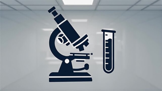 Dark blue microscope icon on blurred laboratory background with bright ceiling lights; represents scientific research, medical analysis, diagnostic testing, and clinical study.
