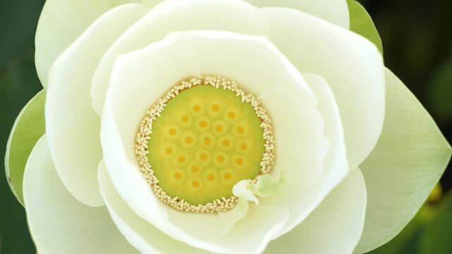 風に揺れる蓮の花のアップ、花托と雄蕊のクローズアップ
