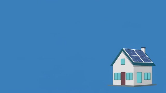 Several houses with solar panels on rooftops in a row on a blue background with cinematic motion