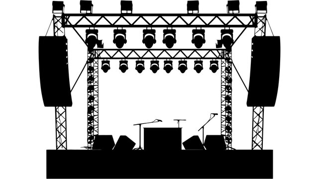A detailed vector illustration of a professional concert stage featuring multiple lighting fixtures, suspended line array speakers, microphones, and performance equipment. Perfect for live shows,music