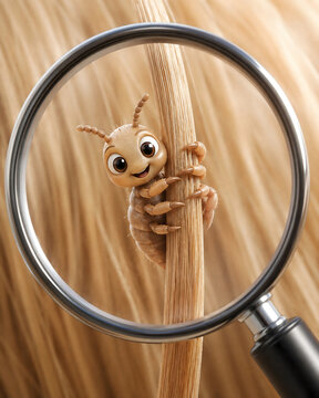 Cute cartoon head louse clinging to hair strand seen through magnifying glass