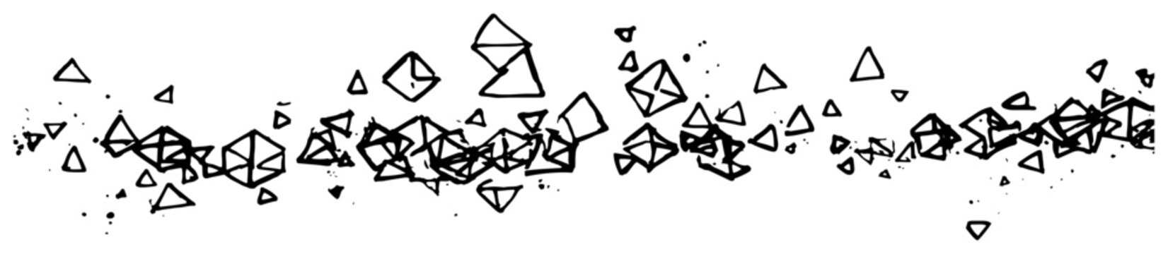 Scattered three dimensional geometric pyramid shapes border in hand drawn sketch style