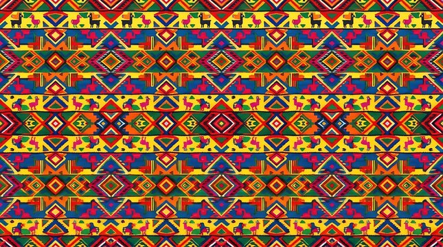 Colorful andean textile pattern with llamas and geometric shapes