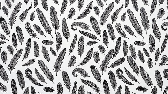 Black and white seamless pattern of various hand drawn bird feathers