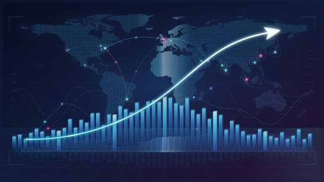 Rising business growth arrow over blue bar chart with world map and global connection network