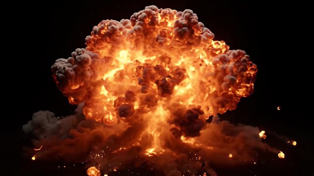 Digital Explosion Ignition Spark - A dramatic digital explosion begins with a tiny bright spark at its center, rapidly expanding outwards into a fiery cloud with smoke and flying debris.