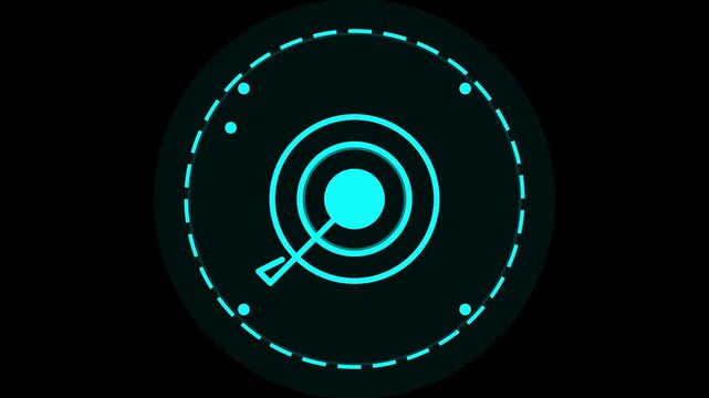 Futuristic digital HUD radar interface with neon cyan glowing circular target scanning elements for high tech data visualization display