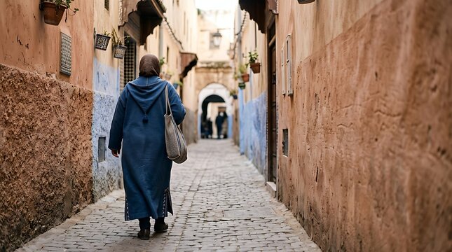 Woman wearing blue traditional robe walking down a cobblestone street