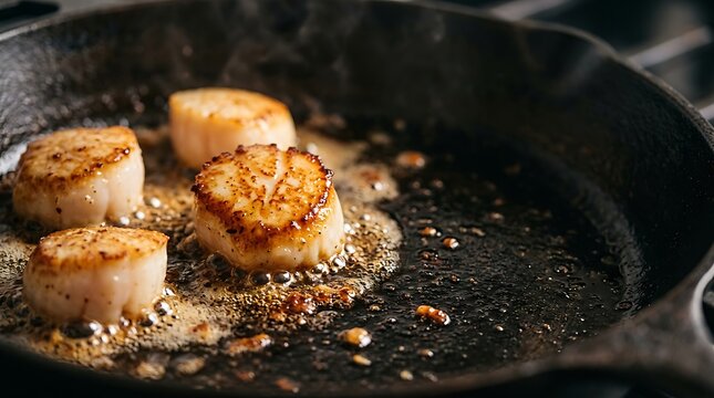 Pan seared scallops cooking in a cast iron skillet with butter