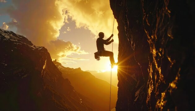 Sunset Climber Climbing Rugged Rock Face In Dramatic Ascent.