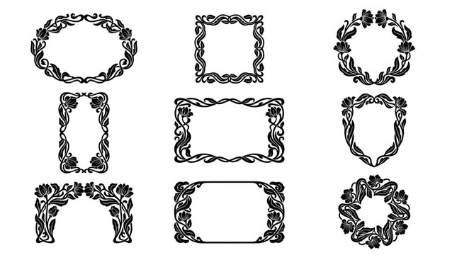set of vintage floral frames in black ink style, decorative borders with ornate leaves and swirling vines, isolated elements for elegant wedding