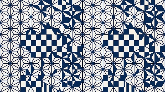 Geometric asanoha and checkerboard pattern in navy blue and white