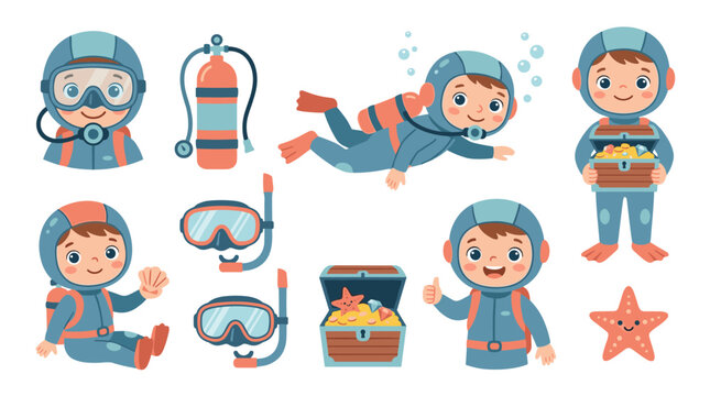 Collection of divers with treasure chests, snorkeling masks, and scuba gear, isolated on a white background, perfect for children's books
