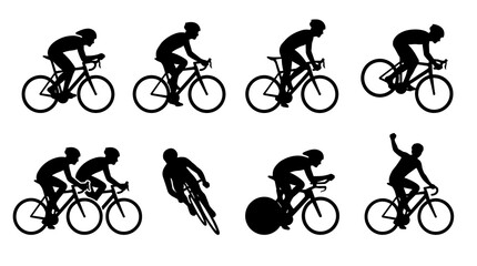 Obraz premium Set of cyclist silhouettes in various dynamic poses, representing speed and sport, on a plain background