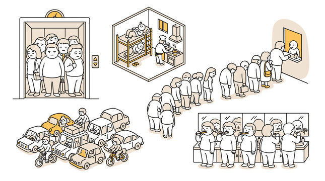 Abstract isometric illustrations depicting queues and crowds, office environments, and overflowing storage spaces, conveying themes of organization