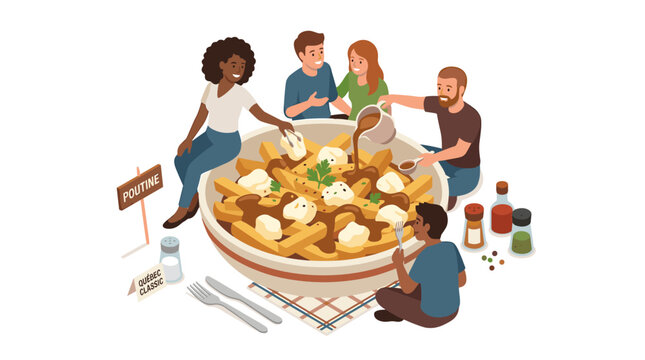 People Sharing a Giant Bowl of Poutine Illustration